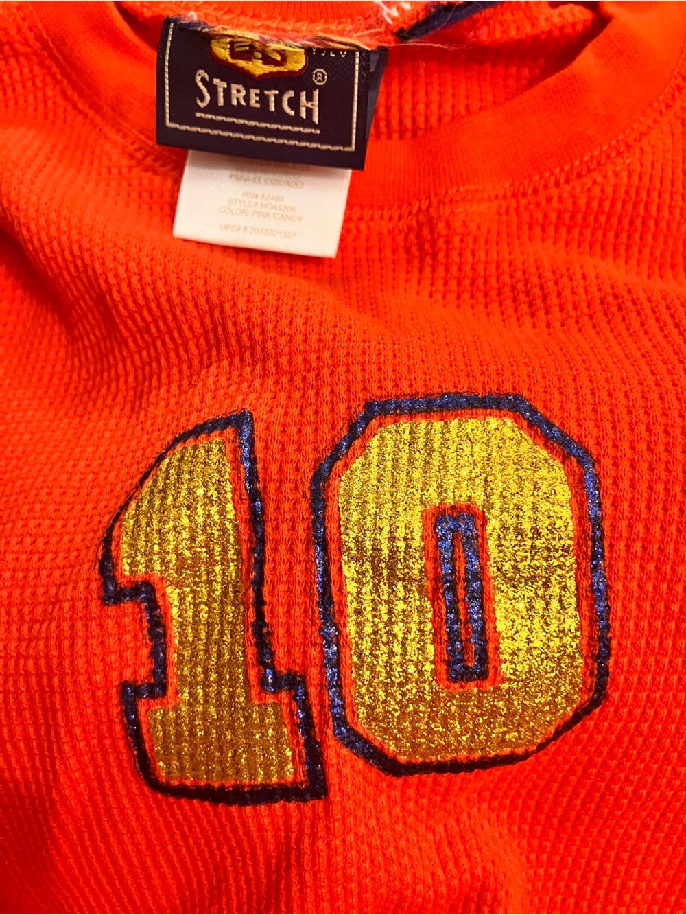 Teen Stretch Women's Long Sleeve Tee in Orange with Gold '10' Appliqué